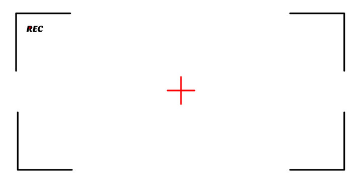 Camera viewfinder overlay with recording status indicator and center focus crosshair for video production and photography interface design elements for screen display or digital media editing