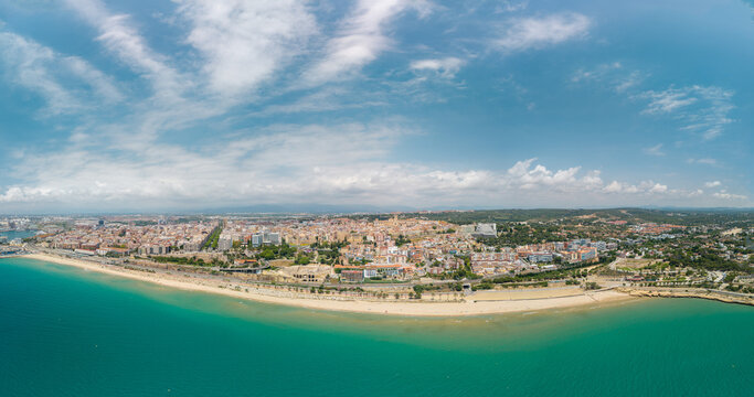 Panoramic aerial view of Tarragona coastline and Mediterranean Sea in Spain