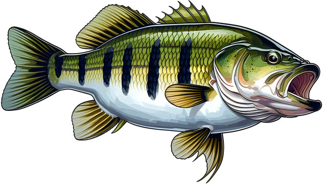Large green bass fish illustration with open mouth illustration