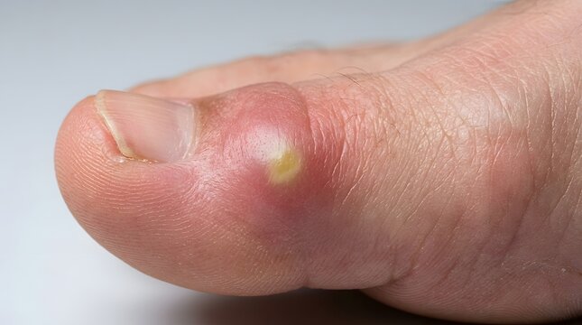 Inflamed toe with pus pocket indicating infection or paronychia on a human foot.