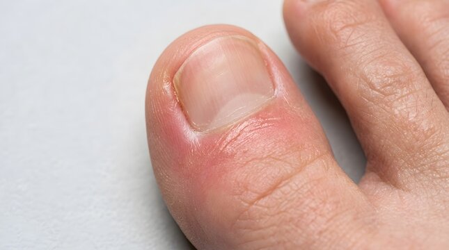 Swollen red toe skin around nail indicates acute paronychia infection and painful edema.