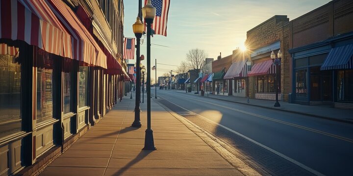 Charming small town main street decorated with bunting at sunset, usa labor day themed photo realistic photo