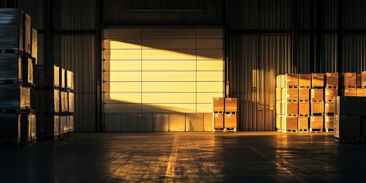 Warehouse interior with stacks of cardboard boxes at sunset, usa labor day themed photo realistic photo