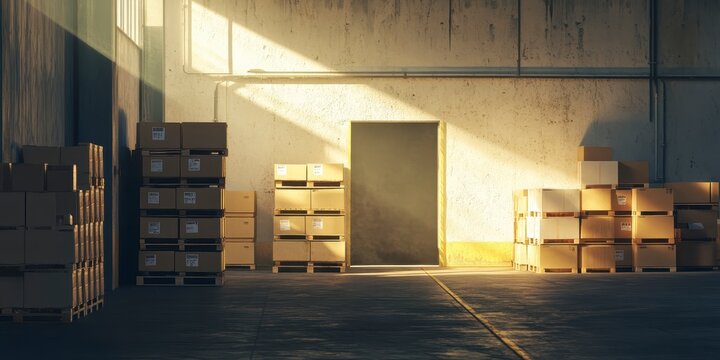 Warehouse interior with stacks of cardboard boxes at sunset, usa labor day themed photo realistic photo