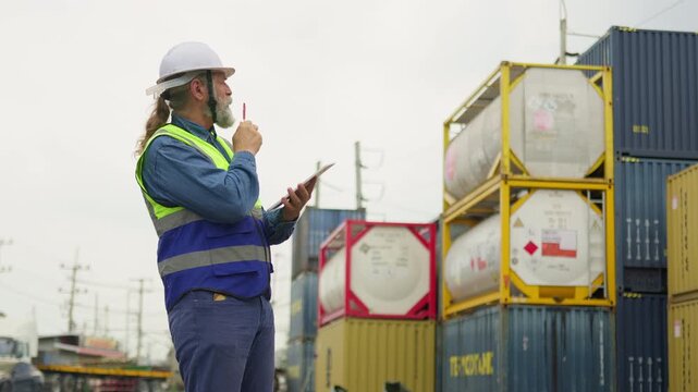 A senior logistics manager in a hard hat uses a digital tablet for inventory control while inspecting cargo at an industrial shipping container terminal.