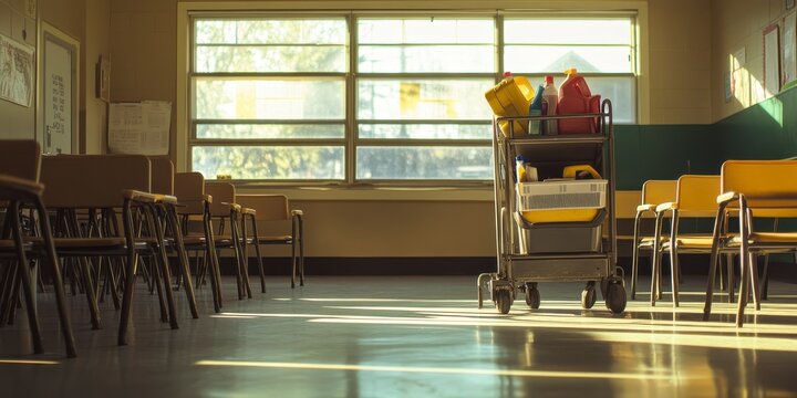 Cleaning cart and trash bin in an empty classroom with sunlight, usa labor day themed photo realistic photo