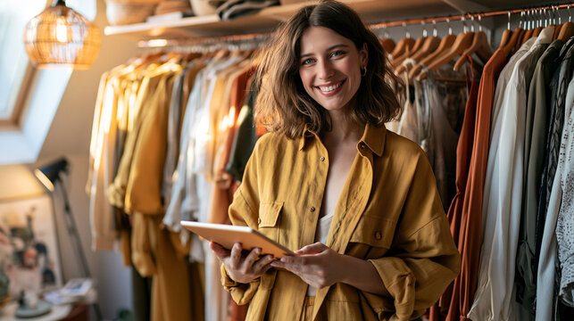 Online fashion shopper standing in front of her wardrobe while comparing personalized clothing recommendations on a tablet, existing clothes visible behind her, realistic bedroom,