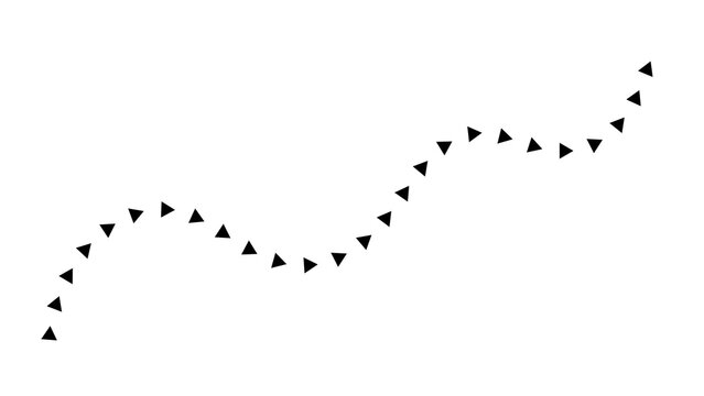 Black curved dashed line path made of triangle arrows vector icon. Wavy arrow line pattern with directional triangular pointers