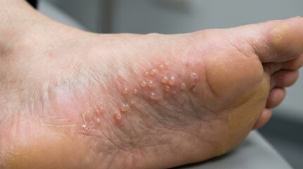 Fototapeta premium Foot sole with small blisters and dry skin indicating possible eczema or fungal infection.