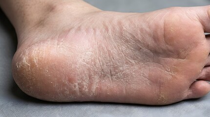 Fototapeta premium Dry flaky skin on foot sole showing severe texture and dehydration needs moisturizing.