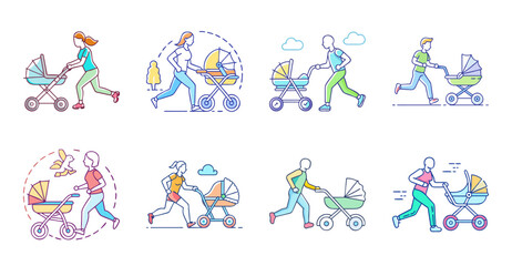 Fototapeta premium Colorful family icons with strollers and bikes - Bright, cheerful vector icons of a diverse family riding bikes and pushing strollers together.
