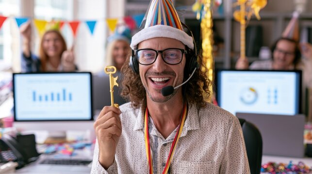 Funny ultra-realistic corporate celebration featuring a customer service employee holding a golden key as a symbol of sales success, with completed targets, happy coworkers, balloons and birthday deco