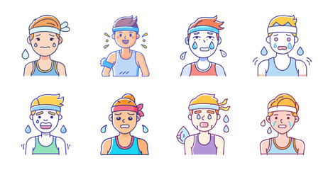 Fototapeta premium Set of diverse construction worker icons with helmets - Colorful flat icons showing cheerful construction workers in safety helmets, smiling and waving.