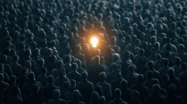 Anonymous crowd beneath a glowing light bulb symbolizing a unique idea, leadership and innovation, with a powerful business concept, photorealistic detail and premium commercial visual quality.