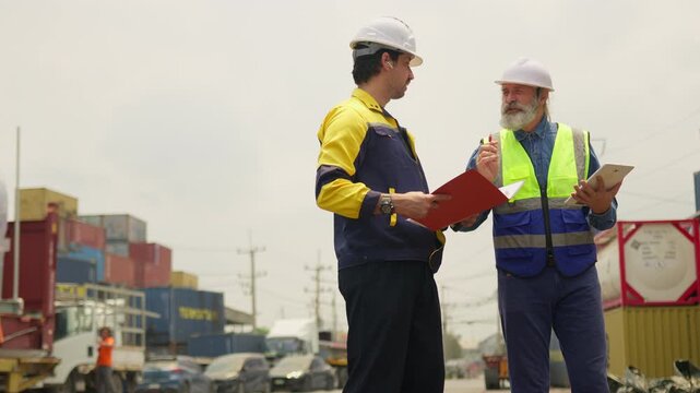 Two logistics engineers collaborate on a shipping manifest, reviewing documents and using a tablet to manage freight operations at a busy industrial container terminal.