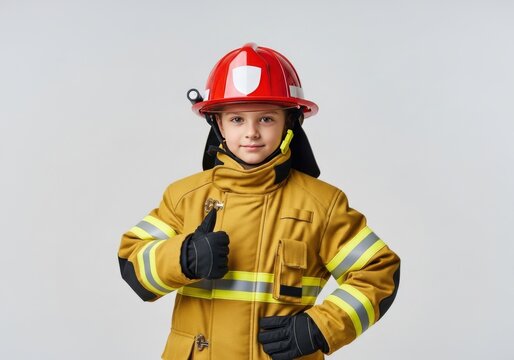 A young girl wearing a firefighter costume and helmet smiling and giving a thumbsup