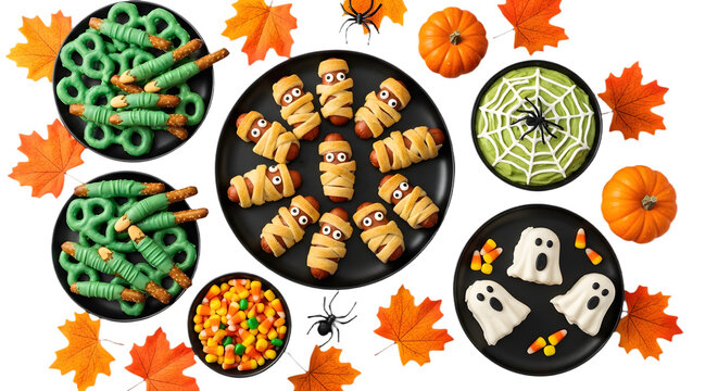 Top view of halloween party food table with mummy hot dogs, ghost cookies, and candy isolated on transparent background