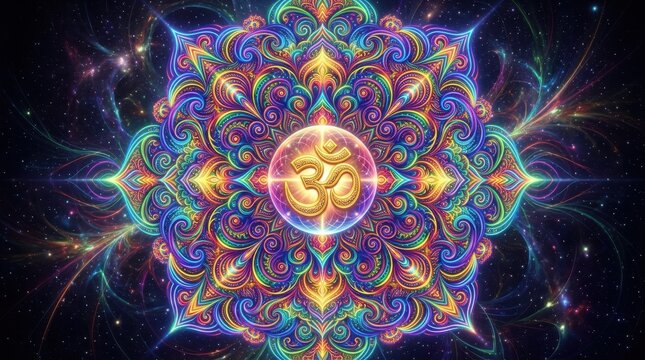 Intricate floral ornament with a central om symbol is displayed against a cosmic star filled background mandala pattern design