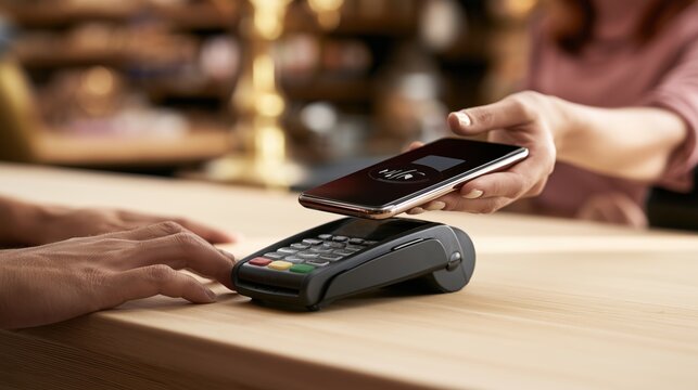 Close-up of a smartphone making a contactless payment at a modern POS terminal, with cashier hands visible at an elegant shopping counter, representing convenient digital retail.