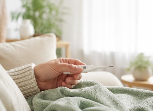 Persona toma la temperatura mientras est&aacute; en un sof&aacute; en una habitaci&oacute;n con luz natural y plantas