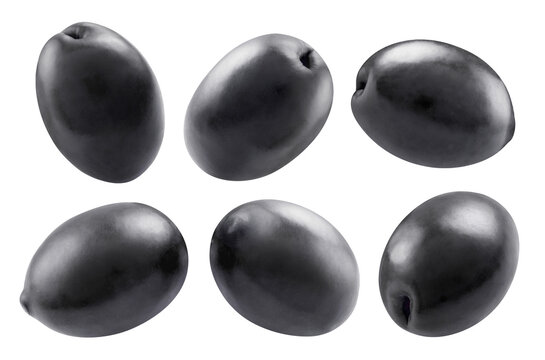 Set of black olives in different angles, isolated on transparent cutout background