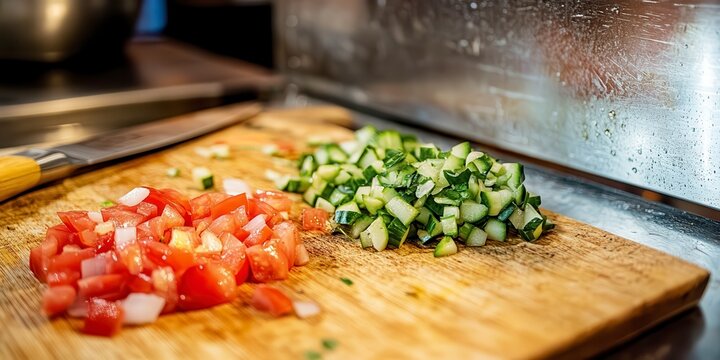 Diced tomatoes and cucumbers on a wooden cutting board, usa labor day themed photo realistic photo