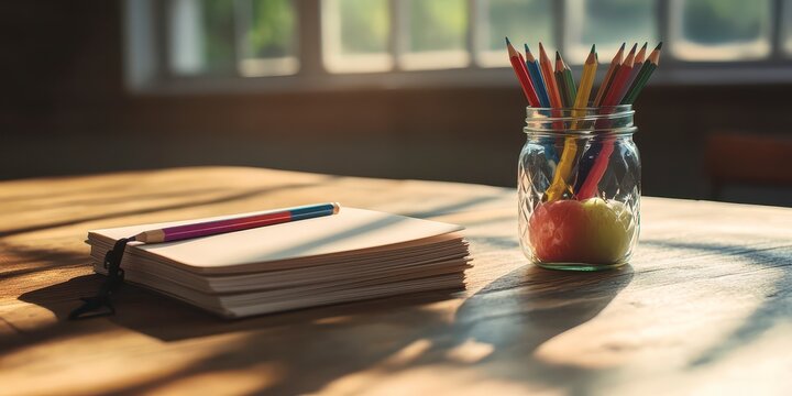 A stack of paper and a jar of colorful pencils on a wooden table, usa labor day themed photo realistic photo