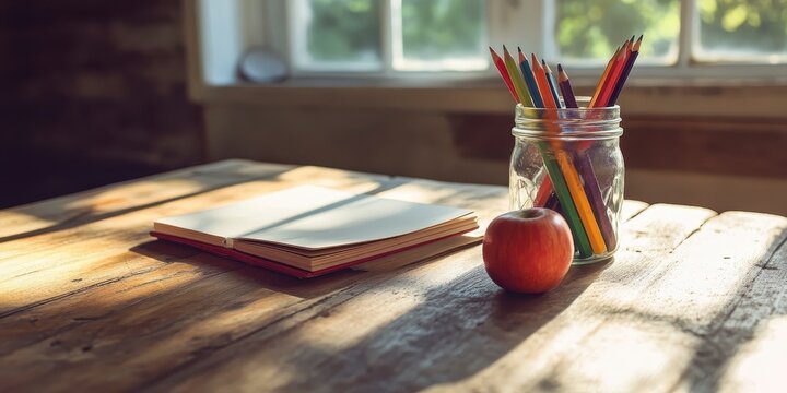 A stack of paper and a jar of colorful pencils on a wooden table, usa labor day themed photo realistic photo