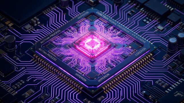 Advanced microchip processor with glowing purple central core on a complex computer motherboard circuit board