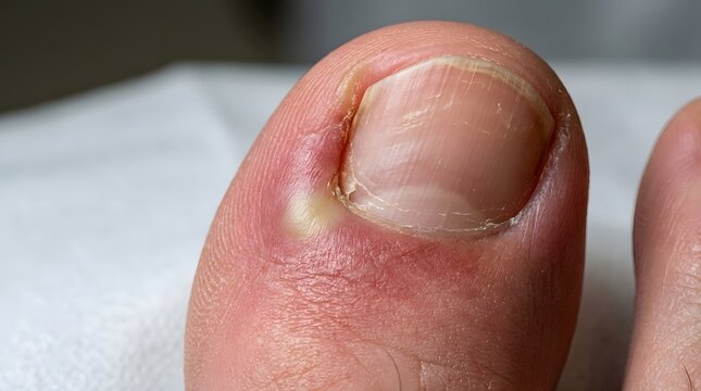 Severe ingrown toenail with redness and pus formation on big toe close up view.