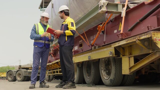 Two engineers in hard hats discuss logistics for transporting oversized heavy cargo on a flatbed truck at an industrial site, focusing on safety and coordination.