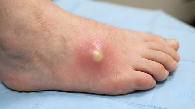 Large infected abscess with pus on foot dorsum showing red swelling for medical analysis.