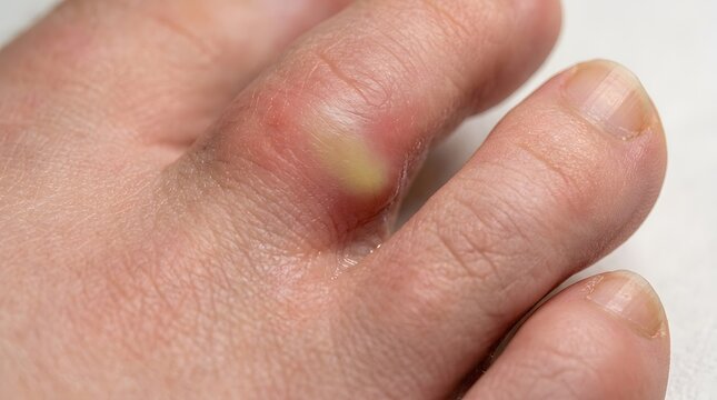 Inflamed paronychia infection on human toe with yellow pus abscess and reddened swelling.