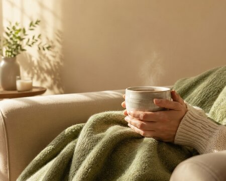 Una persona sostiene una taza caliente mientras est&aacute; sentada en un sof&aacute; cubierto con una manta en la tarde
