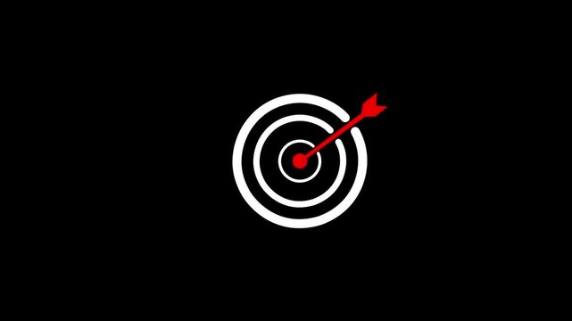 Animated bullseye target with an arrow striking the center on a black background. Perfect for success, achievement, goals, business growth, marketing presentations and motivational video projects.