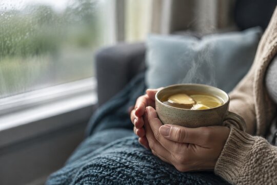 Disfrutar de una bebida caliente en una tarde lluviosa en casa