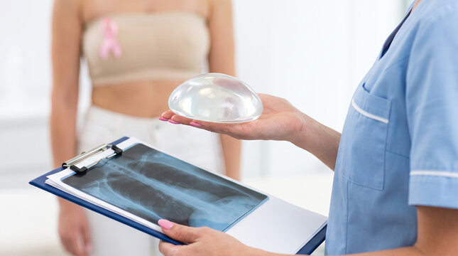 Doctor holding a silicone breast implant with x-ray for a patient wearing a pink ribbon in a medical clinic