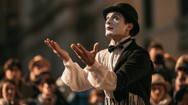 Professional mime artist in classic black and white costume performs an invisible painting act in a European city square, using expressive gestures as fascinated people watch the artistic street perfo