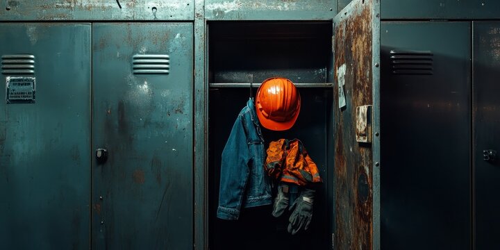 Construction worker gear including hard hat, denim jacket, and work gloves, usa labor day themed photo realistic photo