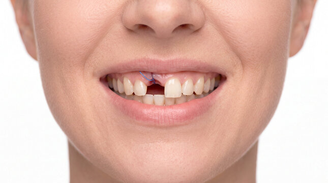 Close-up of a missing tooth with dental suture after extraction, showing gap and gum healing in oral care