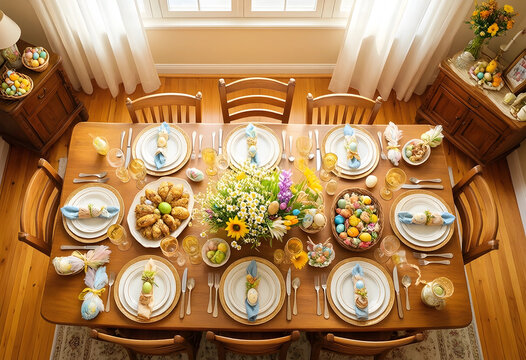 Overhead view of a festive easter dinner table setting with colorful eggs and floral decorations