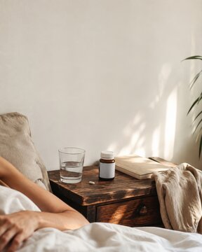 Una persona descansa en la cama mientras un vaso de agua y un frasco est&aacute;n en la mesa de noche