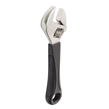 Adjustable wrench with black handle for repair and maintenance, isolated on transparent cutout background