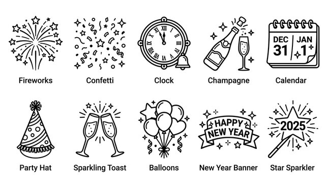 New Year 2025 celebration icons set, black line art party elements, fireworks and champagne bottle graphics for holiday design