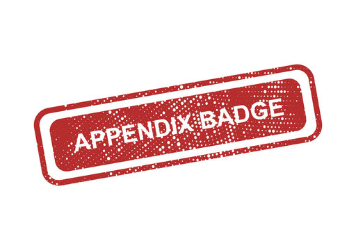 Red rectangular rubber stamp with the text appendix badge in white, featuring a distressed grunge texture on a solid black background, isolated isolated on a transparent background