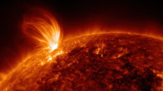 Fiery solar flare erupting from glowing surface of massive burning star