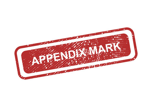 Red rectangular rubber stamp with the text appendix mark in white, featuring a distressed grunge texture on a solid black background, isolated isolated on a transparent background