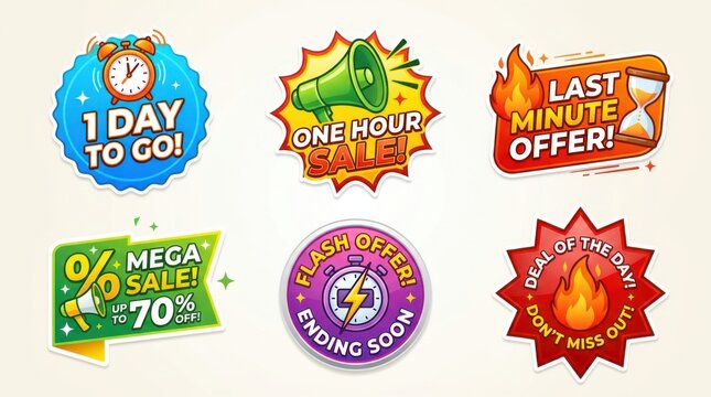 Six colorful sale badges with clocks megaphones and flames illustrate limited time promotional offers advertisement alerts announcement blast blowout