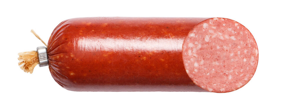 Delicious salami sausage cut diagonally in half, isolated on transparent cutout background