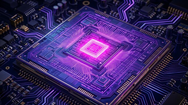 Advanced microchip processor with glowing purple central core on a complex computer motherboard circuit board